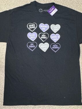 Out of Print Black Tee with Purple & Gray Heart Graphics